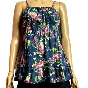 Cotton Floral Spaghetti Strap Top - Blue and Pink With Fuchsia Roses
